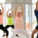 Group exercising in bright gym, raising arms, and smiling.