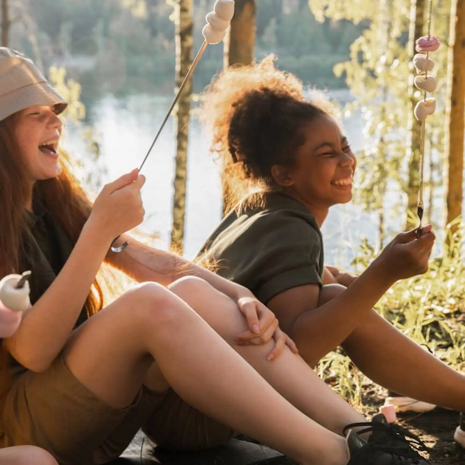 Teens roasting marshmallows, laughing by a lake in sunlight.